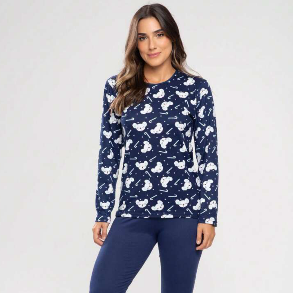 Pijama Feminino Inverno Estampado Azul Marinho