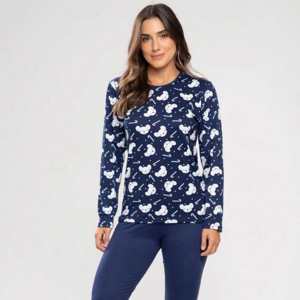 Pijama Feminino Inverno Estampado Azul Marinho