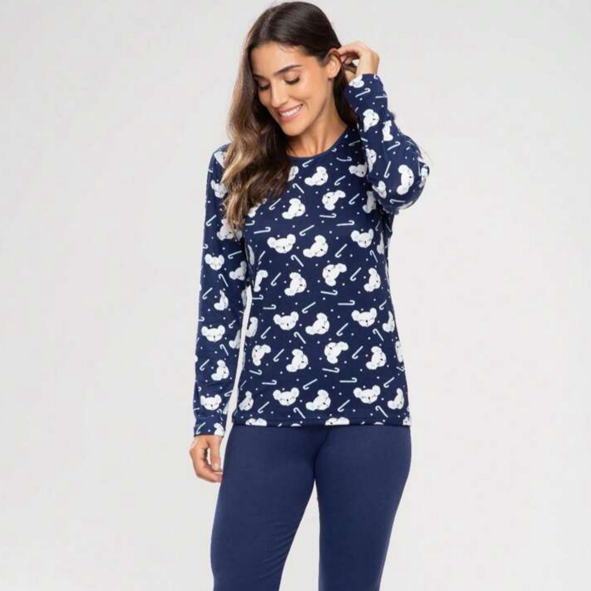 Pijama Feminino Inverno Estampado Azul Marinho